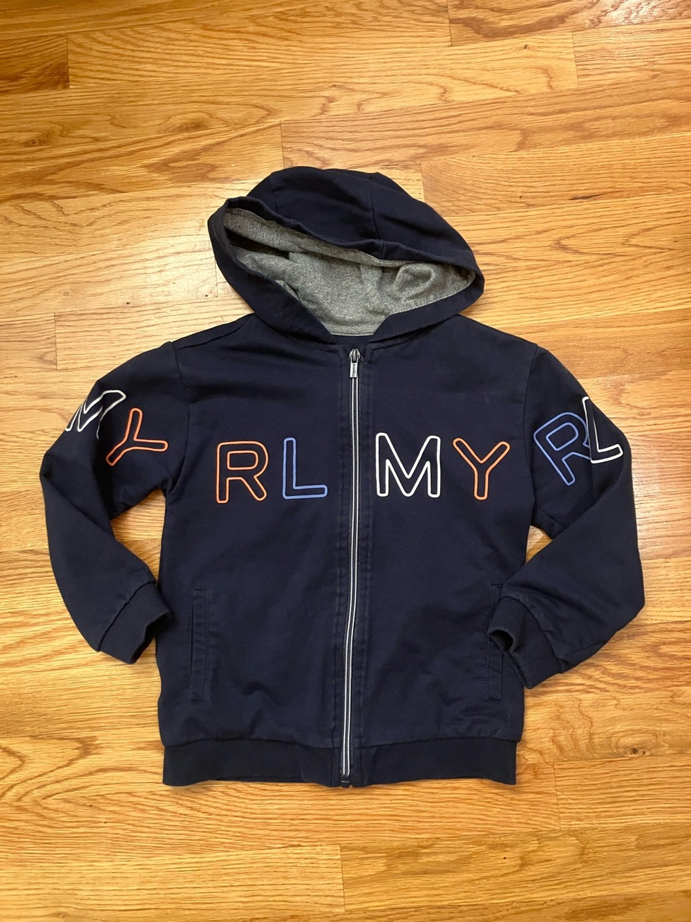 Mayoral Navy Zip Front Hoodie with Multicolor Outline Letters